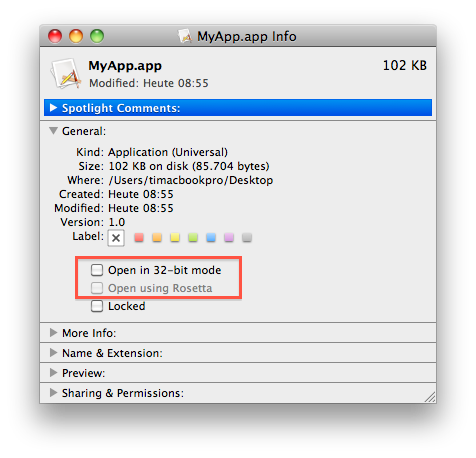 &lsquo;Open in 32-bit mode&rsquo; checkbox in the Finder